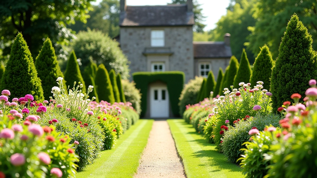 Formal Victorian garden beds with colorful flowering plants and neatly trimmed hedges at historic estate