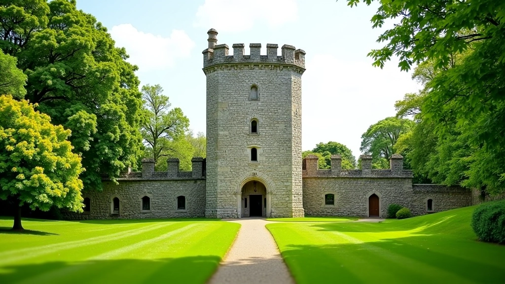 Stone tower with weathered walls and small windows, surrounded by green parkland and mature trees