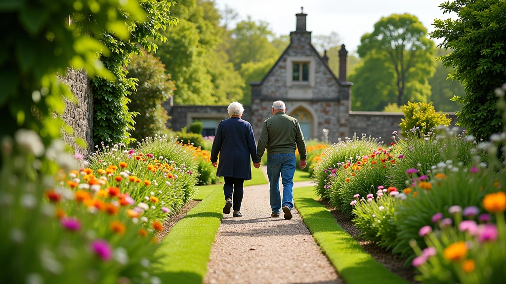 Historic walled garden at Birr Castle with herbaceous borders in bloom