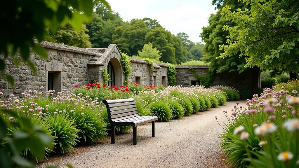 Walled garden with historic stone walls, flowering plants and pathways at Birr Castle