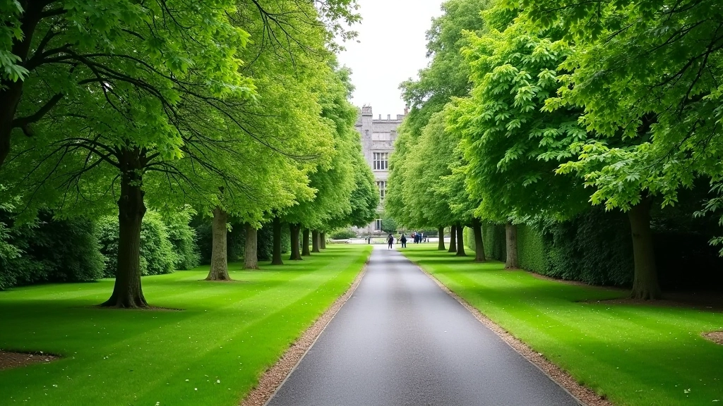 Accessible paved pathway with gentle slope through tree-lined section of walled gardens