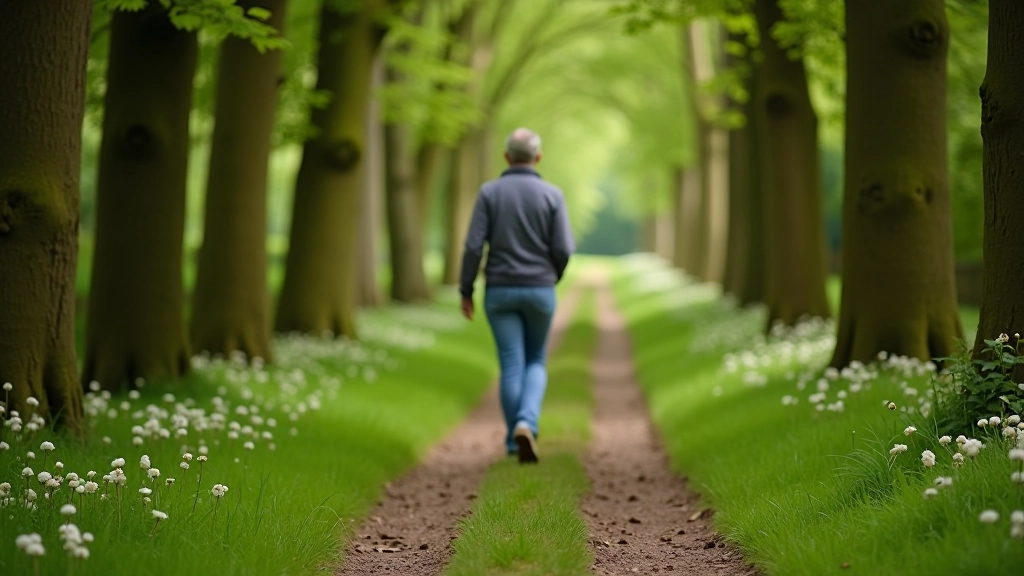 Visitor walking on maintained path through demesne grounds, surrounded by trees and natural landscape on sunny day