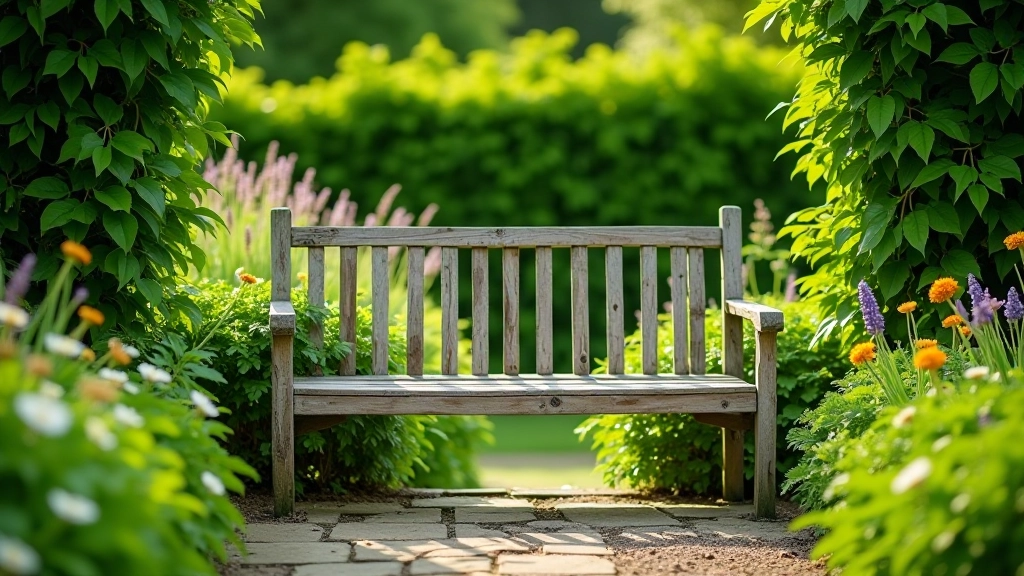 Wooden bench in quiet garden setting surrounded by flowering plants and green foliage, peaceful resting spot
