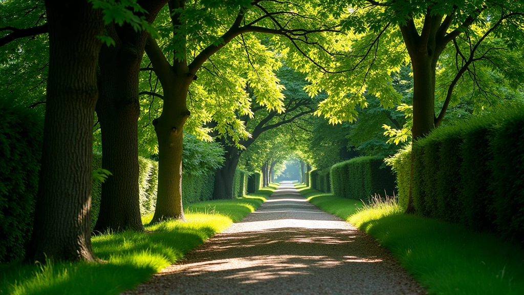 Stone pathway winding through mature woodland with tall trees and dappled sunlight, peaceful garden setting